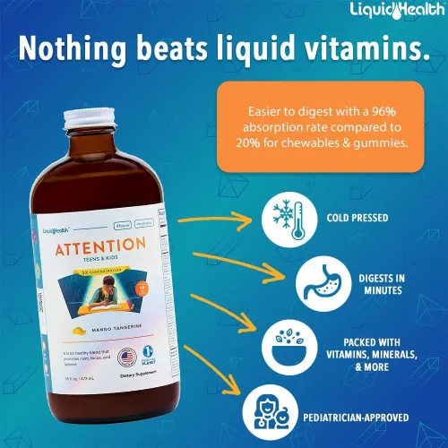 Vista 2 de LIQUIDHEALTH 16 oz Attention, Calm Kids Kids Teens Multivitamínico líquido para concentración, memoria, suplemento, concentración, apoyo vitamínico