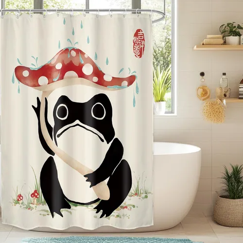 Vista 8 de Juego Divertido de Cortina de Rana Retro para Ducha, Juego de Baño 48x71 Pulgadas, Estilo Asiático Lindo, Arte Japonés Tradicional de Pato de Goma