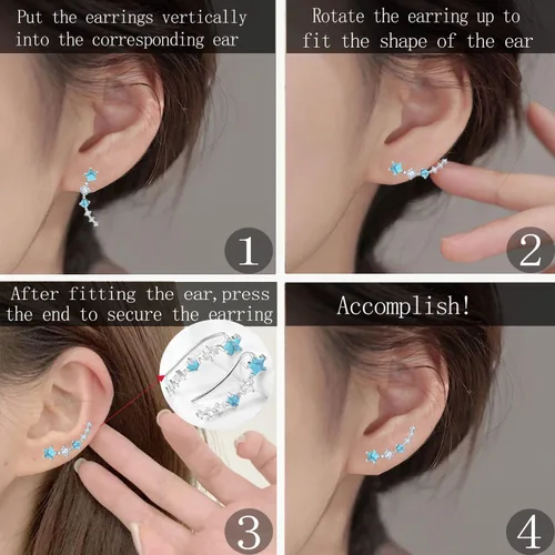 Vista 5 de Dreamboat Aretes de trepadores de orejas de estrella para mujeres y niñas, aretes de plata de ley, aretes envolventes de piedra lunaágata musgoópalo