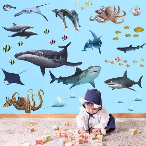 Vista 7 de Adhesivo de pared extraíble 3D de peces marinos bajo el mar, calcomanías de pared de animales marinos, ballenas, tiburones, calamares, decoración
