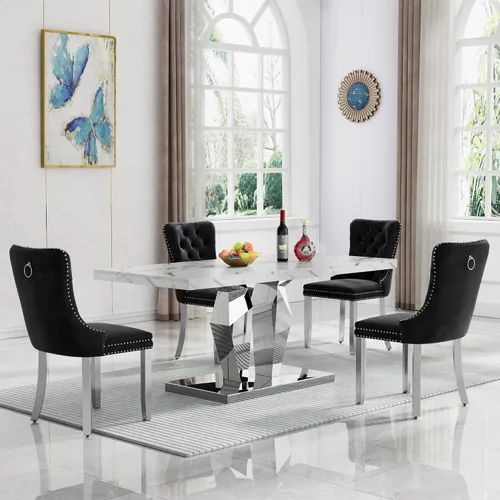 Vista 18 de Juego de 5 mesas de comedor de mármol sintético, juego de mesa de cocina y comedor para 4, mesa de comedor rectangular blanca de 70 pulgadas