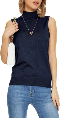 Vista 4 de Suéter de punto para mujer, sin mangas, cuello alto falso, suéter de punto de cuello alto, suave, básico, chaleco Plus