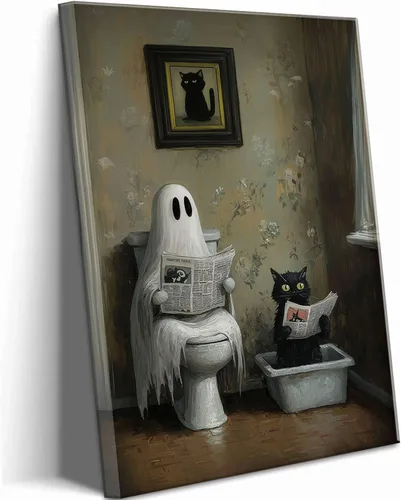 Vista 13 de Lienzo de paisaje victoriano OVNI para pared, diseño divertido de alienígena montando un gato, cuadros eclécticos de gato, póster impreso