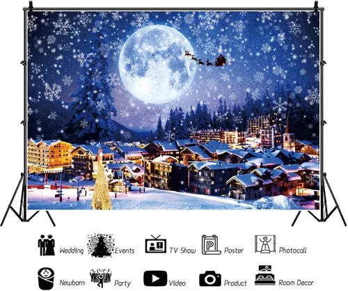 Vista 5 de Telón de fondo de 2,1 x 1,5 m para pueblo navideño, nieve invernal, cielo nocturno, montaña, Santa, fondo para fotografía, decoración para fiesta