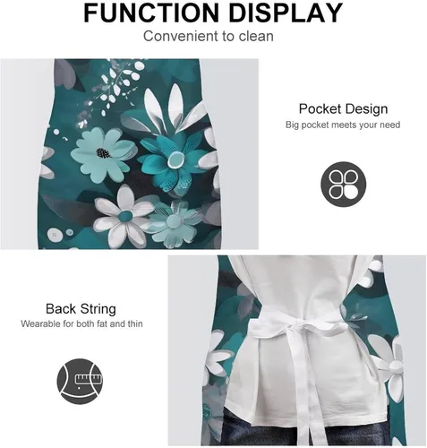 Vista 6 de MUSM Teal Grey And White Floral Apron，Classic Vintage Funny with Pockets Aprons,Adjustable Bib Waterdrop Resistant for Kitchen Cooking Restaurant