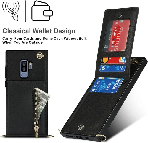 Vista 6 de Funda para teléfono Samsung Galaxy S9 con correa cruzada, tarjetero de cuero, con cordón, ranuras de crédito, cierre magnético, accesorios para Negro