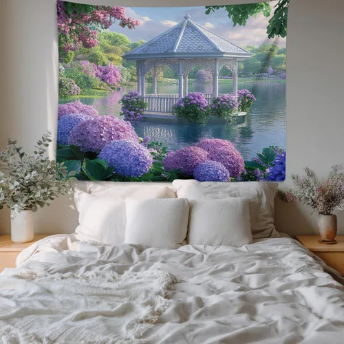 Vista 6 de Batmerry Peaceful Retreat Beautiful Landscape Polyester Tapestry, Blooming Garden Setting Lightweight Wall Hanging High-Definition Print Backdrop