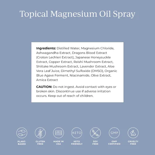 Vista 4 de CYMBIOTIKA aerosol de aceite de magnesio tópico para el cuerpo, fabricado en EE. UU., suplemento para calambres en las piernas, músculos, salud