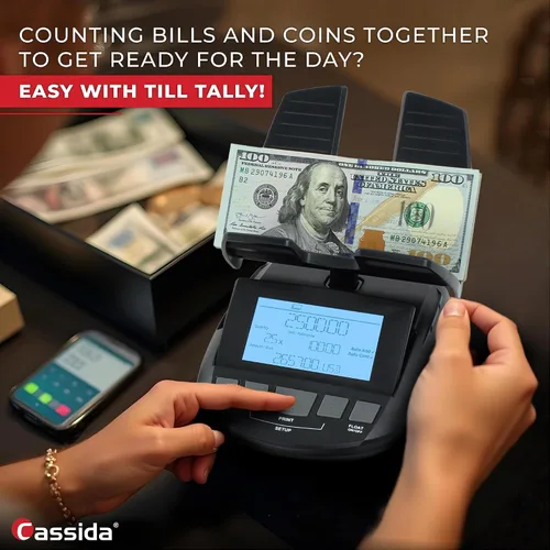Vista 4 de Cassida Contador de billetes profesional con balanza para contar monedas (Till Tally), Negro