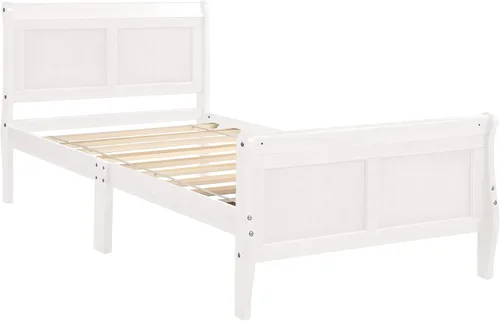 Vista 10 de Base de cama de trineo de madera individual, cama de plataforma con cabecero y estribo, listones de madera, no necesita somier, diseño resistente