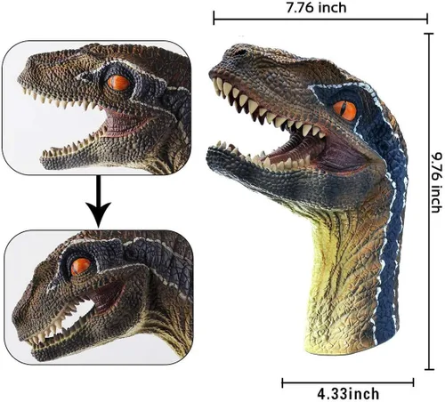 Vista 2 de Juguetes de dinosaurio, tiranosaurio Rex y velociraptor azul, marionetas de mano, juego de figuras de acción del mundo de dinosaurio, divertido