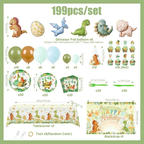 Vista 2 de Dinosaur Birthday Decorations, 199Pcs Party Supplies for 20 Guests