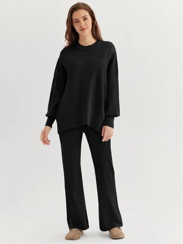 Vista 2 de LILLUSORY Conjunto de 2 piezas para mujer, sudadera de punto de gran tamaño, pantalones de pierna ancha, conjunto de descanso