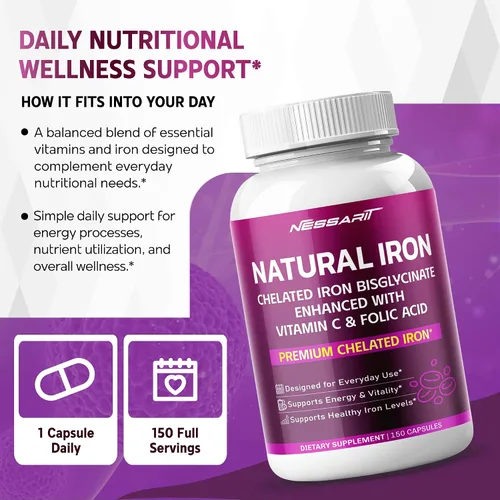 Vista 14 de Bisglicinato de hierro natural Nessarit 6 en 1 con vitamina C, 150 cápsulas
