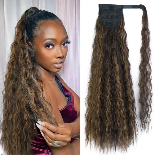 Vista 15 de Extensión de cola de caballo larga con ondas de maíz, pasta mágica, resistente al calor, ondulada, sintética, envolvente, extensión de cola