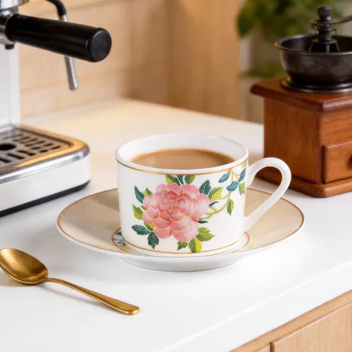 Vista 4 de KAMMAK Juego de 2 tazas de té y platillos, tazas de café de porcelana fina, tazas de café expreso apilables, demitasse de cerámica para café
