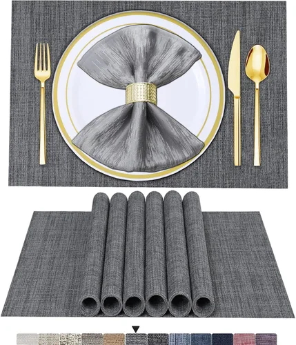 Vista 35 de BETEAM Juego de 4 manteles individuales de vinilo tejido para mesa de comedor, lavables, lavables, manteles individuales de cocina, duraderos