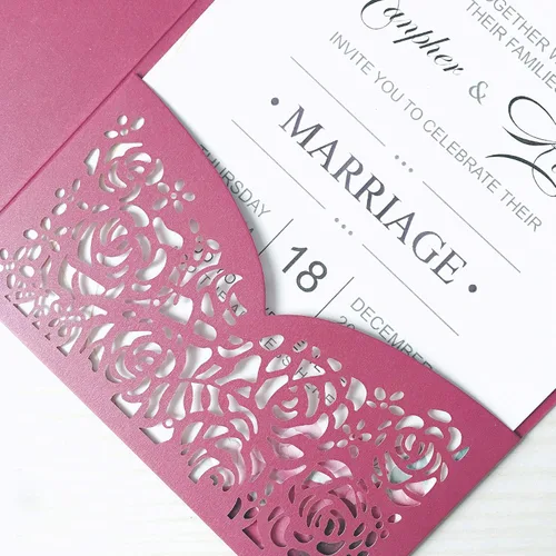 Vista 6 de 20 tarjetas de invitaciones de boda de flora cortadas con láser triples de 5.1 x 7.1 pulgadas con sobres y cintas para boda, despedida de soltera