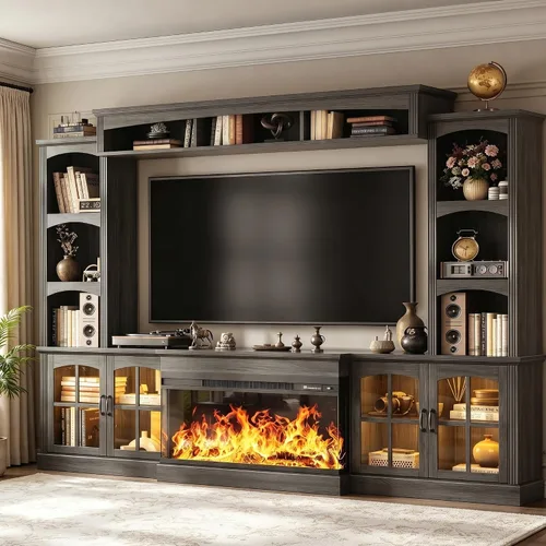 Vista 20 de MXV - Soporte de chimenea para TV de 59 pulgadas, centro de entretenimiento estilo granja con soporte de TV de 3 lados de vidrio, consola multimedia