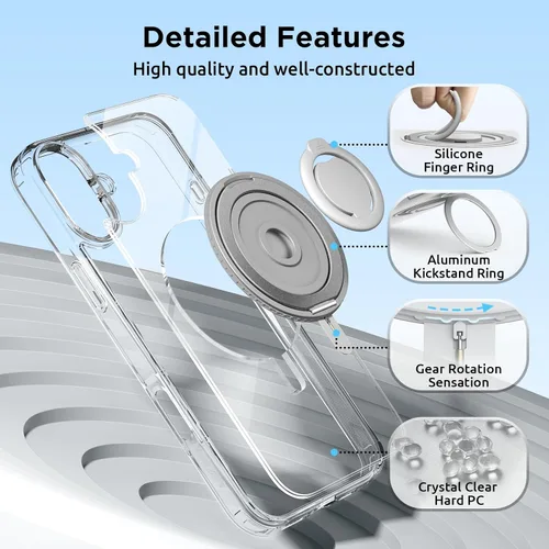 Vista 4 de SURPHY Funda magnética de 360° para iPhone 16 con anillo para el dedo, compatible con MagSafe, con protector de pantalla, soporte de anillo y funda