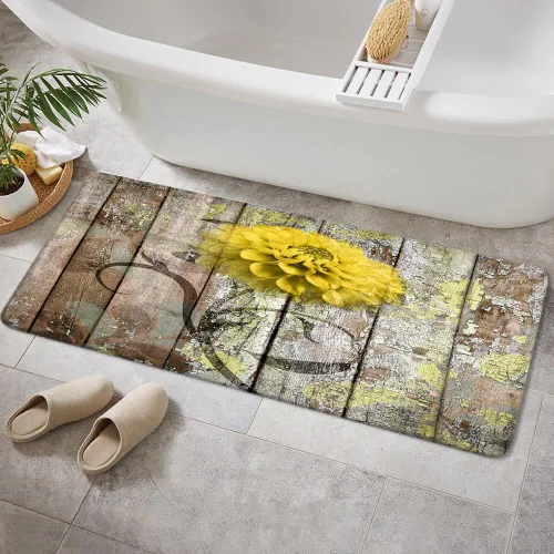 Vista 24 de JAWO Alfombra de baño con flores de granja, dalia en tablones de madera rústica, juego de tapetes de baño con flores azules, en forma de U