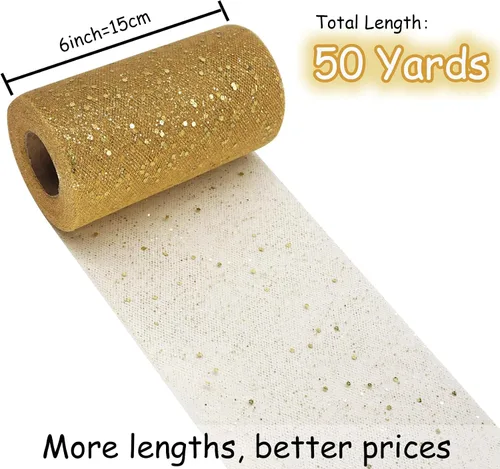 Vista 6 de Rollos de tela de tul con purpurina dorada de 6 pulgadas, 50 yardas (150 pies), carrete de cinta de red con lentejuelas brillantes para bodas, falda