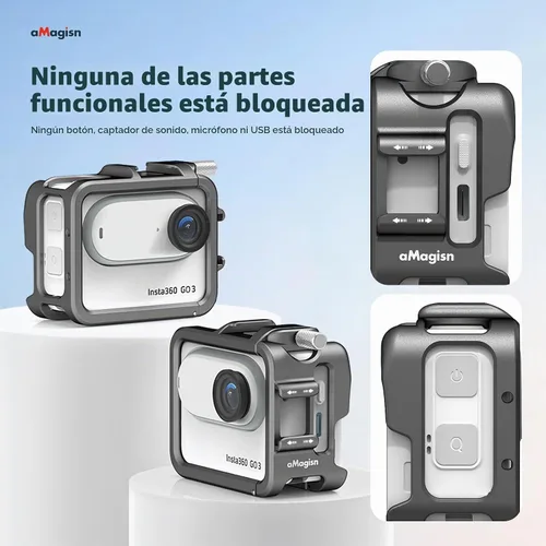 Vista 3 de Jaula de Marco de Aluminio con Funda de Silicona para Lente y Protector de Pantalla para Insta360 GO 3, Estuche Protector Duradero de Metal