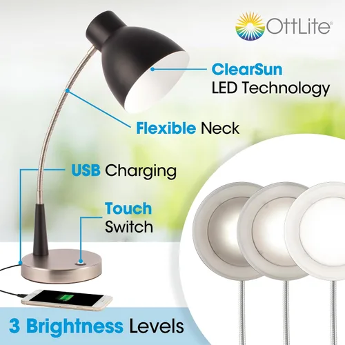 Vista 2 de OttLite Lámpara de escritorio LED ajustable con puerto USB de 2.1 A - Portátil, ajustable, luz de escritorio 3 modos de temperatura de color Los