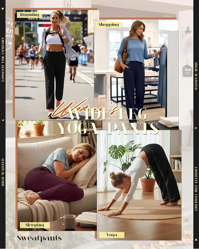 Vista 107 de Neer - Conjunto de 3 pantalones de yoga de pierna ancha para mujer - Pantalones deportivos cómodos, holgados, de cintura alta y casuales