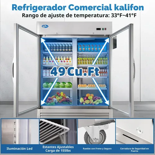 Vista 7 de Refrigerador de bebidas, refrigerador de bebidas de 49 pies cúbicos con puerta de vidrio, refrigerador comercial con 8 estantes ajustables
