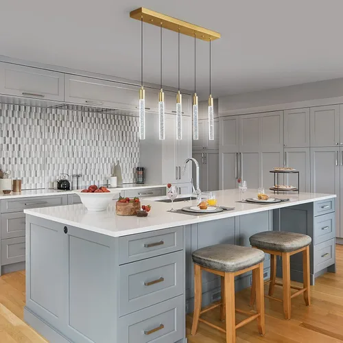 Vista 4 de Iluminación de Isla de Cocina Accesorio de Luz Moderna Lámpara Colgante Dorada Regulable LED Acabado de Latón Mini Luces Colgantes de Cristal