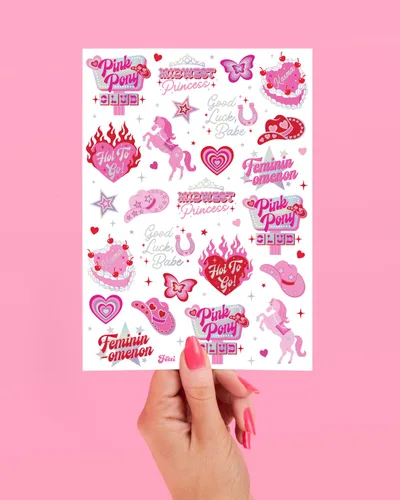Vista 6 de xo, Fetti Pink Pony Club - Tatuajes temporales – 54 piezas de papel de aluminio iridiscente Fiesta de despedida de soltera de vaquera, recuerdos