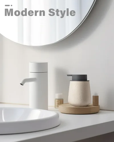 Vista 2 de Lareina Dispensador de jabón de cerámica de 12 onzas, bomba extraíble gris, recargable, diseño moderno para baño y cocina, color beige mate moteado