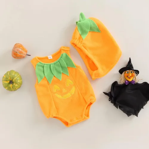 Vista 3 de Conjunto de ropa unisex de Halloween para niños y niñas, 2 piezas de mameluco + sombrero, Naranja