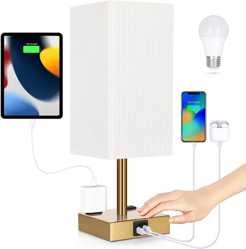 Vista 17 de Lámpara de noche con puertos USB - Lámpara de mesa de control táctil para dormitorio con puertos de carga USB C + A y salidas de AC, lámpara