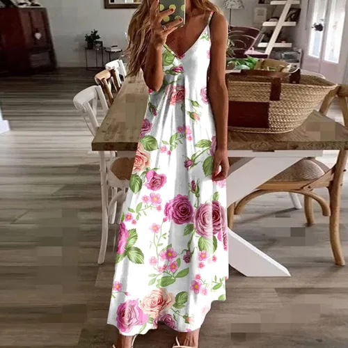 Vista 2 de SMIDOW Maxi vestidos fluidos para mujer, vestido de playa sexy, cuello en V, tirantes delgados, estampado floral, vestido largo 2023 vacaciones