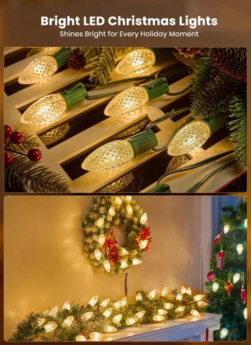 Vista 6 de Tira de luces LED estilo sendero de Navidad para exteriores; tira de 20 luces LED C9 con carcasa de fresa y estaca, interconectables, luz cálida