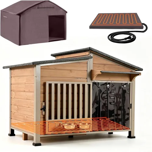 Vista 11 de Casa para Perros Exterior Perrera para Perros con Marco de Metal a Prueba de Masticación, Cuenco Giratorio para Alimentos, Cortina de Puerta de PVC