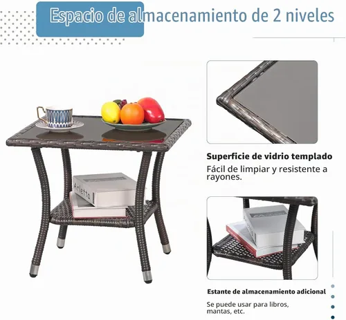 Vista 5 de Super Patio Mesa auxiliar de mimbre para patio al aire libre, mesa de centro de mimbre cuadrada con parte superior de vidrio, marco de aluminio