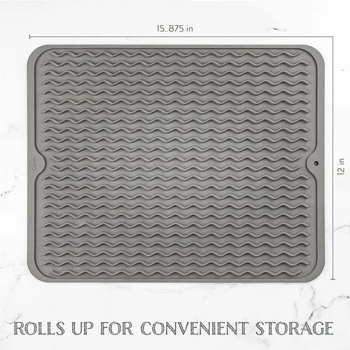 Vista 2 de Oizeir Tapete de silicona para secar platos, agujero de drenaje, antideslizante, resistente al calor, plegable. Ideal para platos, fregadero de Gris