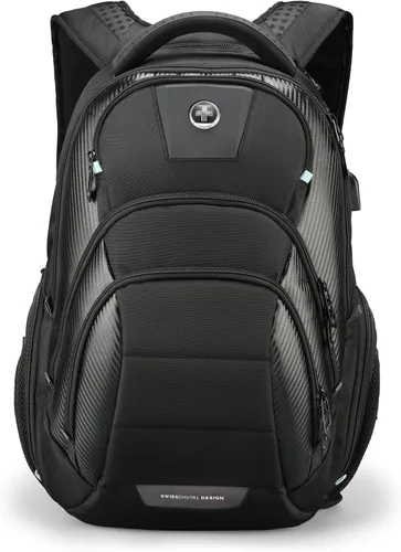 Vista 14 de Swissdigital - Mochila de diseño para viaje para hombres, compatible con TSA, con carga USB, protección RFID, mochila de negocios para laptops