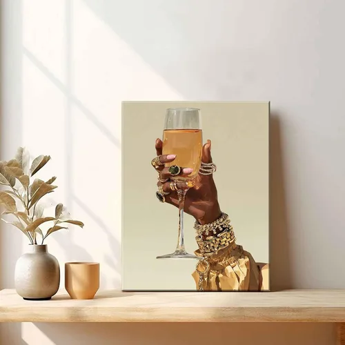 Vista 4 de Lienzo de cóctel de mujer negra, arte de pared, diseño de Martini, pintura a mano, cuadros afroamericanos, cáliz de bar, carros, impresiones
