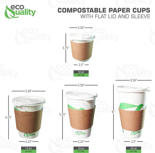 Vista 5 de Vasos de papel compostables de 16 onzas con tapas planas blancas, mangas y agitadores de madera, tazas de café de papel blanco biodegradables