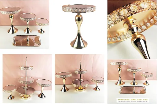 Vista 3 de Soporte redondo dorado de 8 pulgadas para tartas, soporte de pedestal de metal con cristales, plato de exhibición de quesos para bodas, fiestas