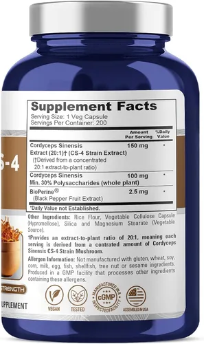 Vista 2 de NusaPure Cordyceps Extract 3000 mg 200 cápsulas vegetales (Sinensis CS-4, sin OMG y sin gluten) con bioperina