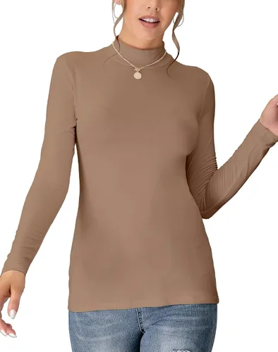 Vista 7 de Camiseta Top sin Mangas de Manga Larga para Mujer, Cuello de Tortuga Simulado, Básica, Ajuste Elástico, Suéter Ligero, Camisa Entallada Verde militar