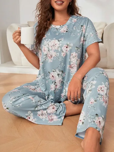 Vista 4 de WDIRARA Conjunto de pijama de manga corta y pantalones para mujer, talla grande, con máscara para los ojos