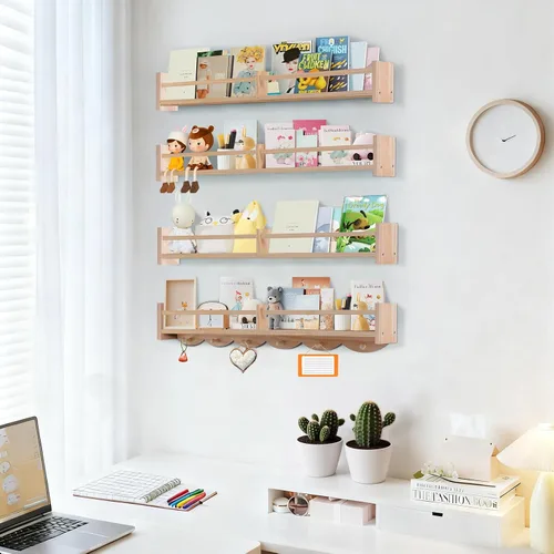 Vista 5 de Estantes para libros de guardería de 34 pulgadas montados en la pared, estante flotante para libros para niños con 6 ganchos, estante colgante