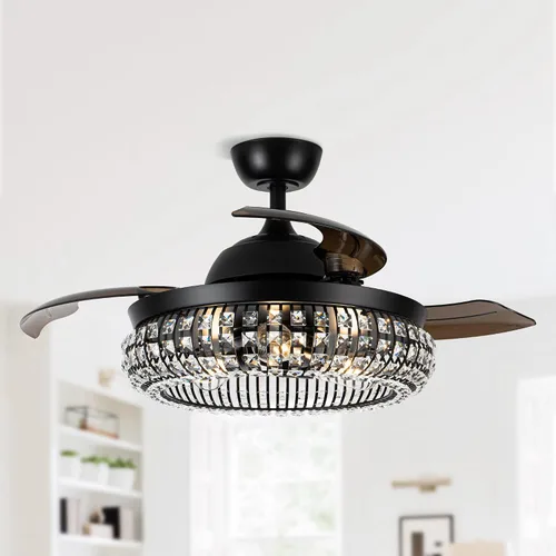 Vista 3 de Ventiladores de techo de cristal con luces y mando a distancia, ventilador de techo de araña de 42 pulgadas Ventilador de techo retráctil negro