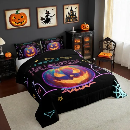Vista 35 de Feelyou Juego de edredón de calabaza para todas las estaciones, decoración de Halloween, juego de ropa de cama con 1 funda de almohada, microfibra